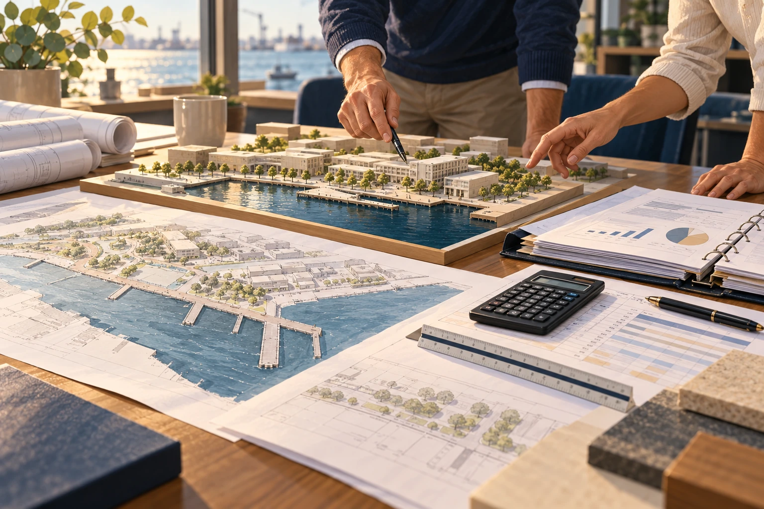 Conceptual waterfront project-planning table with a site model, cost worksheets and drawings