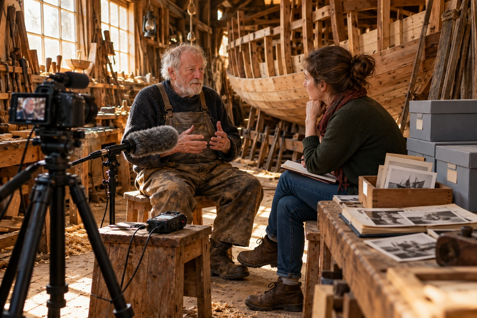 Conceptual maritime oral-history recording session with a boatbuilder, archivist, camera and archival photographs