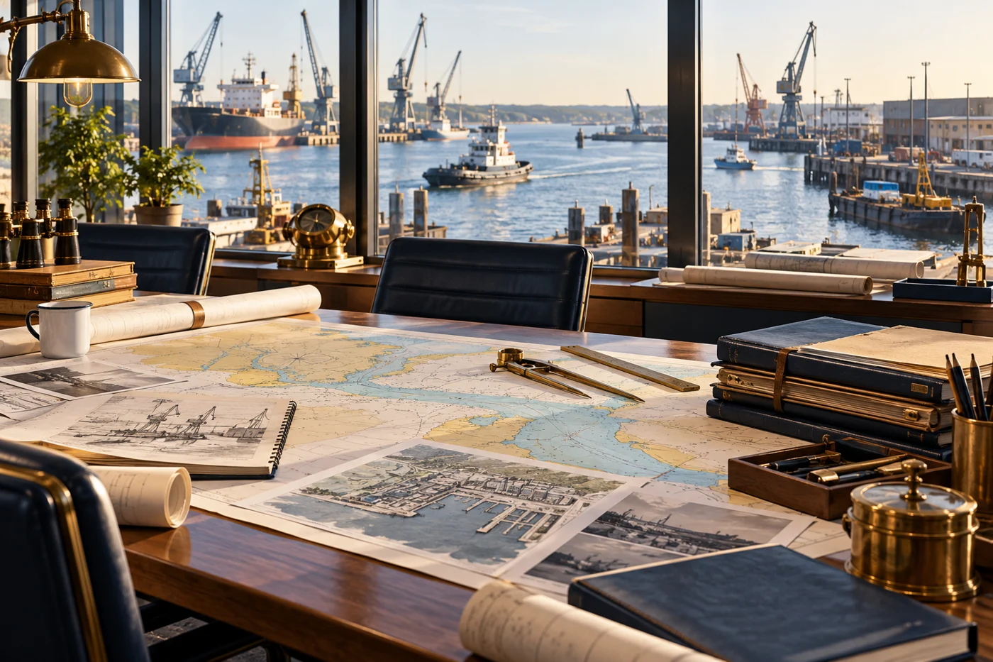 Conceptual waterfront planning table with charts and harbor views