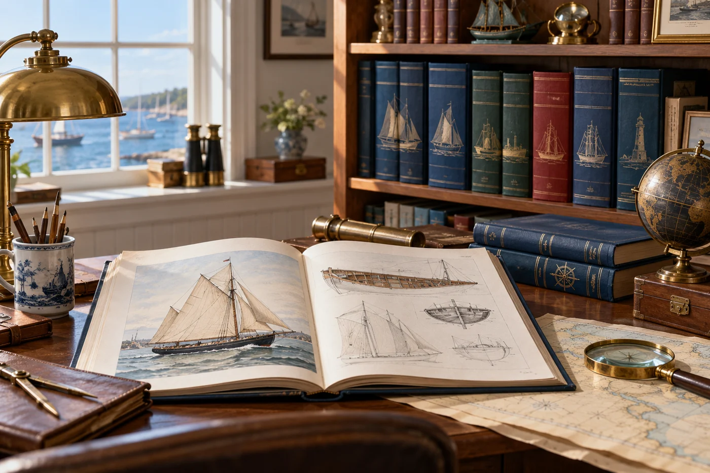 Conceptual archive of bound maritime periodicals and historical boat illustrations