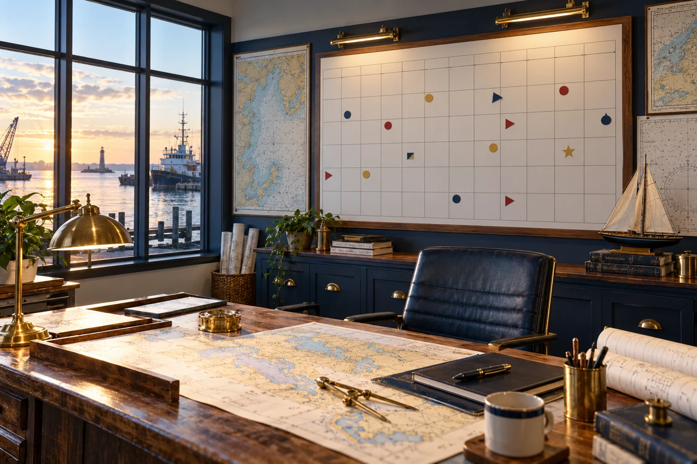 Conceptual waterfront milestone calendar and scheduling workspace