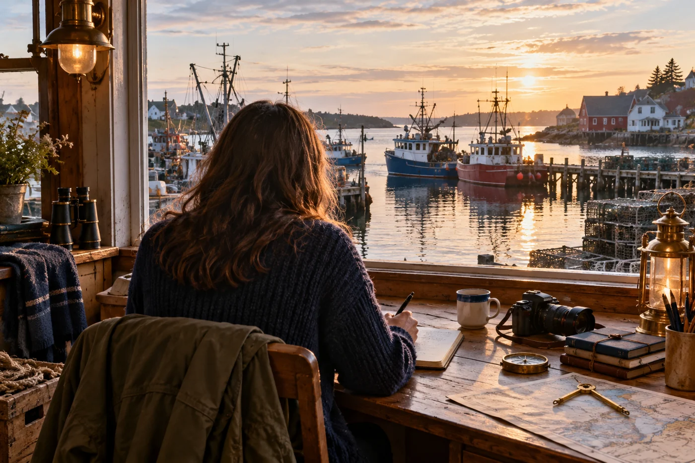 Conceptual maritime writer overlooking working vessels