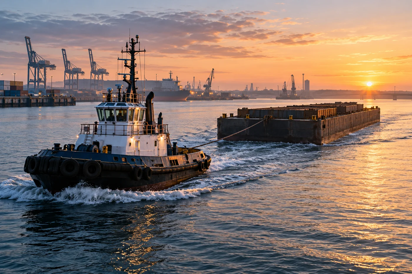 Conceptual harbor tug guiding an unbranded cargo barge
