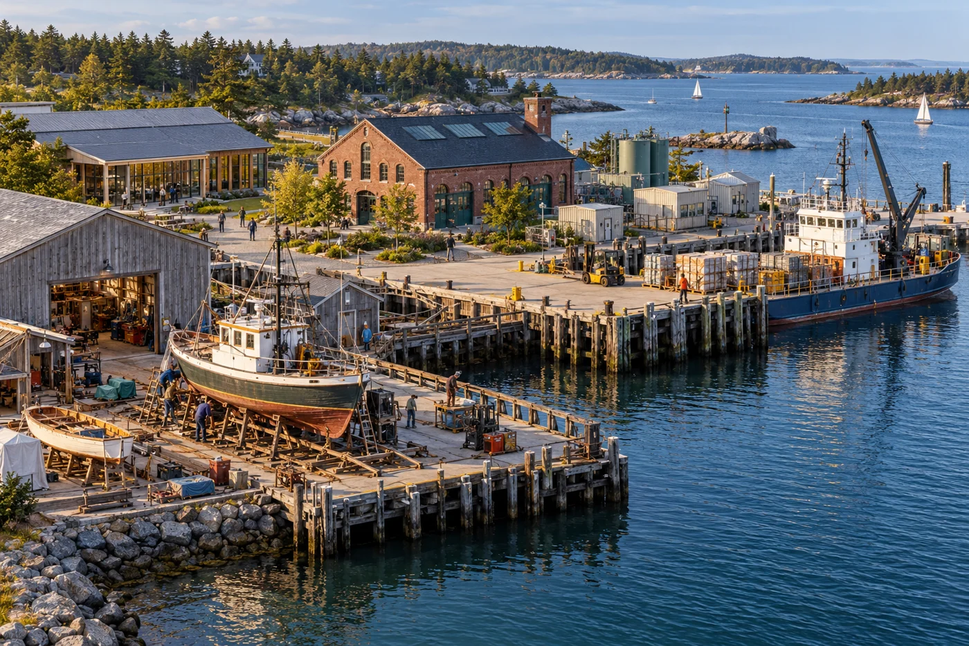 Conceptual working waterfront with six complementary activity areas