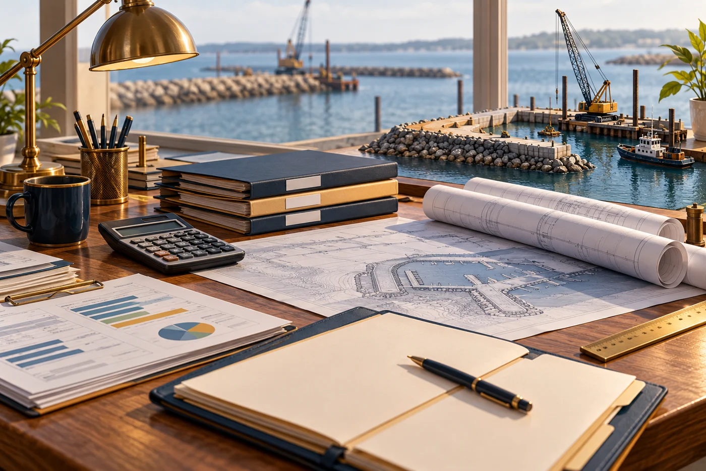 Conceptual project funding desk with calculator, plans and application folders