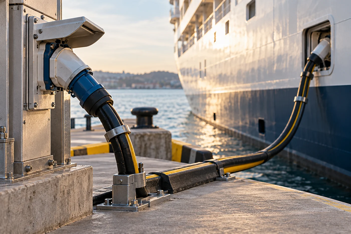 Conceptual protected shore-power connector and vessel berth
