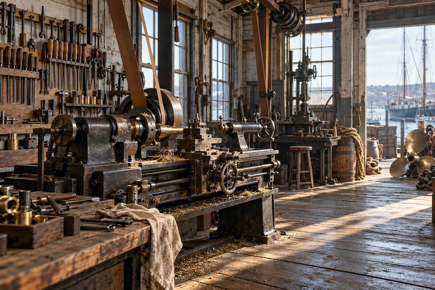 Conceptual historic marine machine shop and lathe