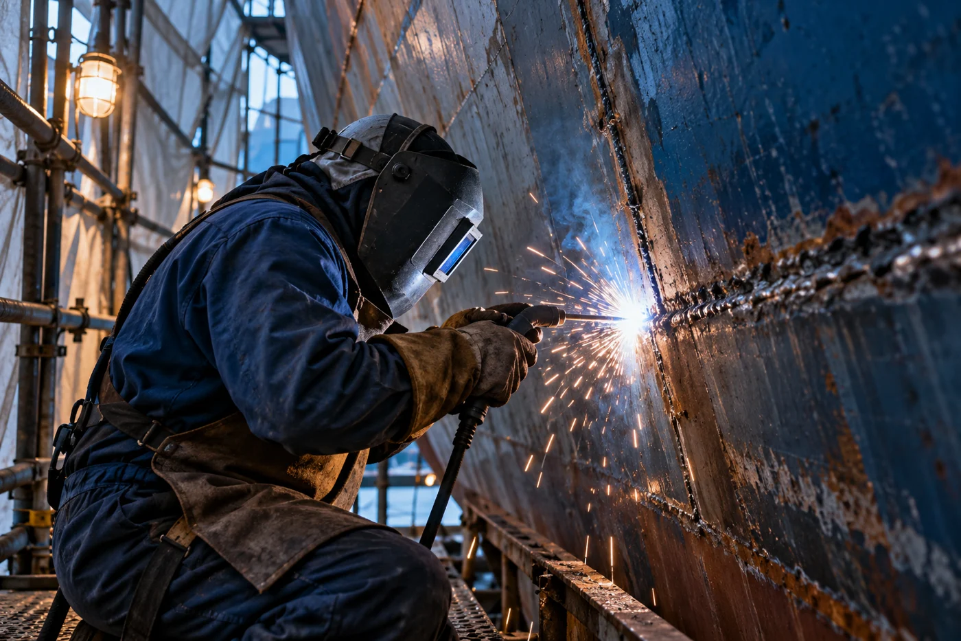 Conceptual shipyard welder with protective equipment repairing hull plating