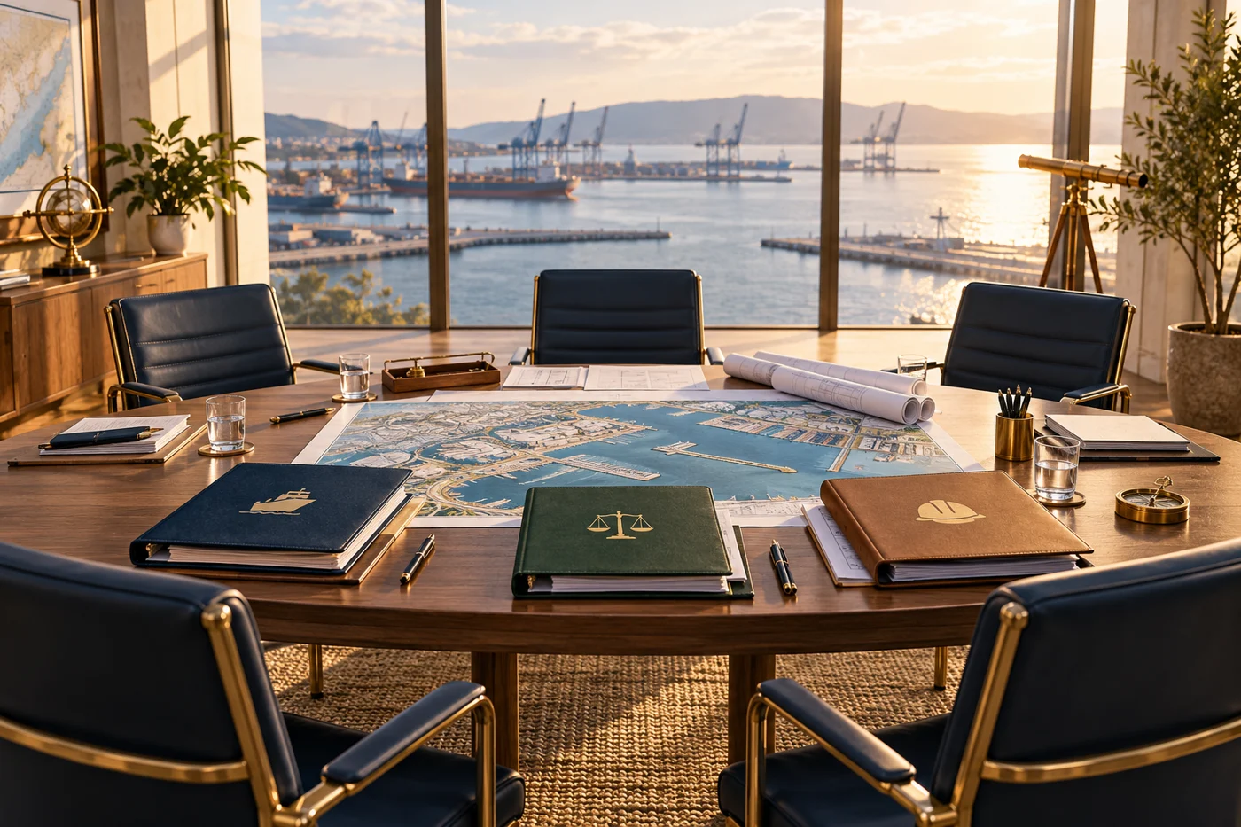 Conceptual maritime meeting table and decision-authority folders