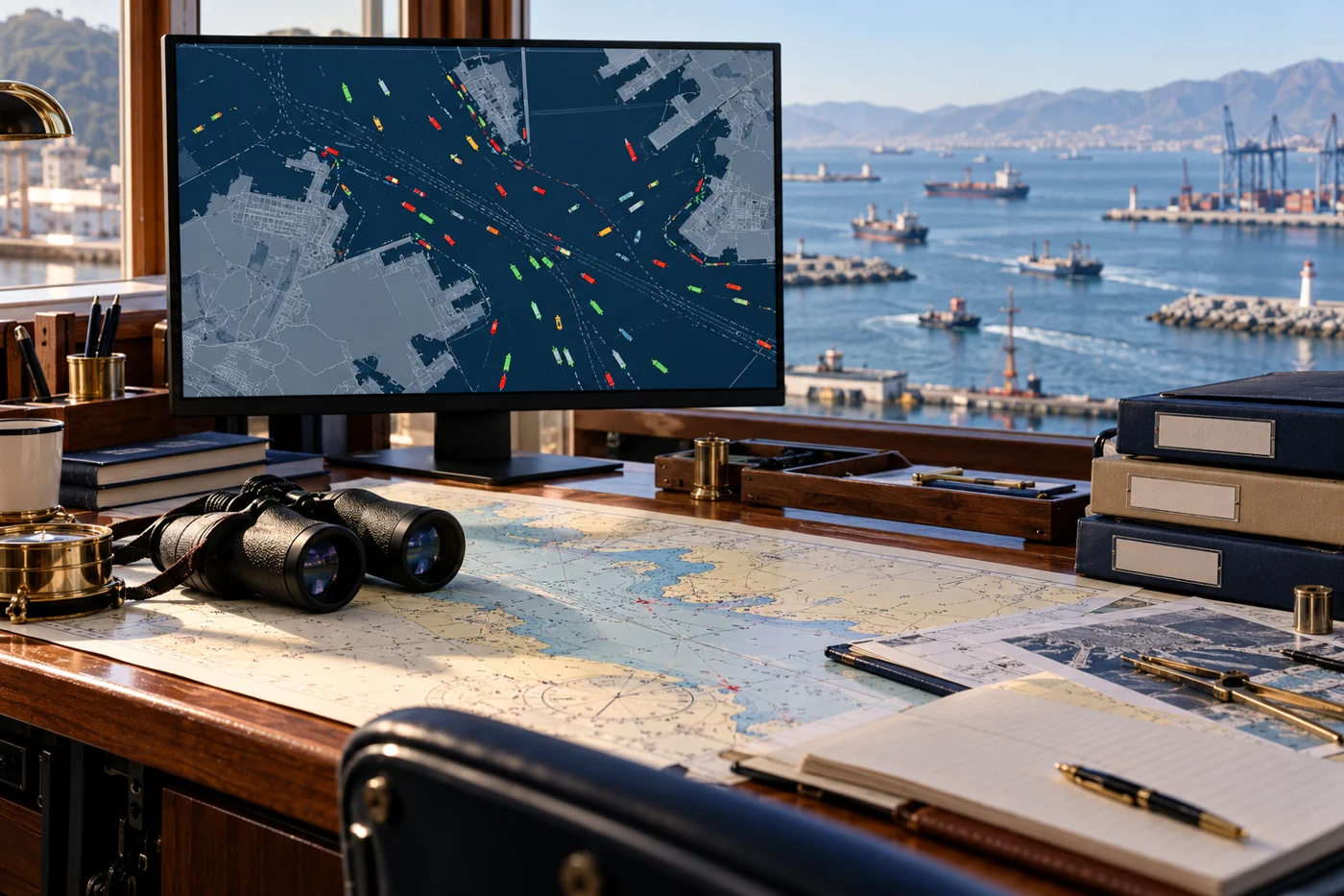 Conceptual maritime analyst workspace and vessel-traffic map