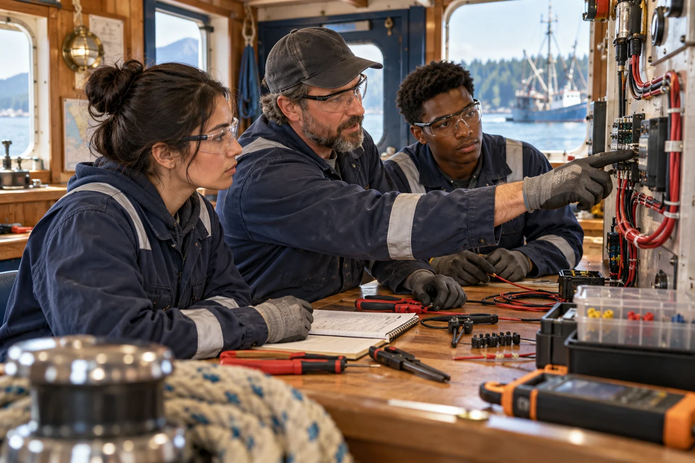 Conceptual adult apprentices and mentor at a marine electrical training bench