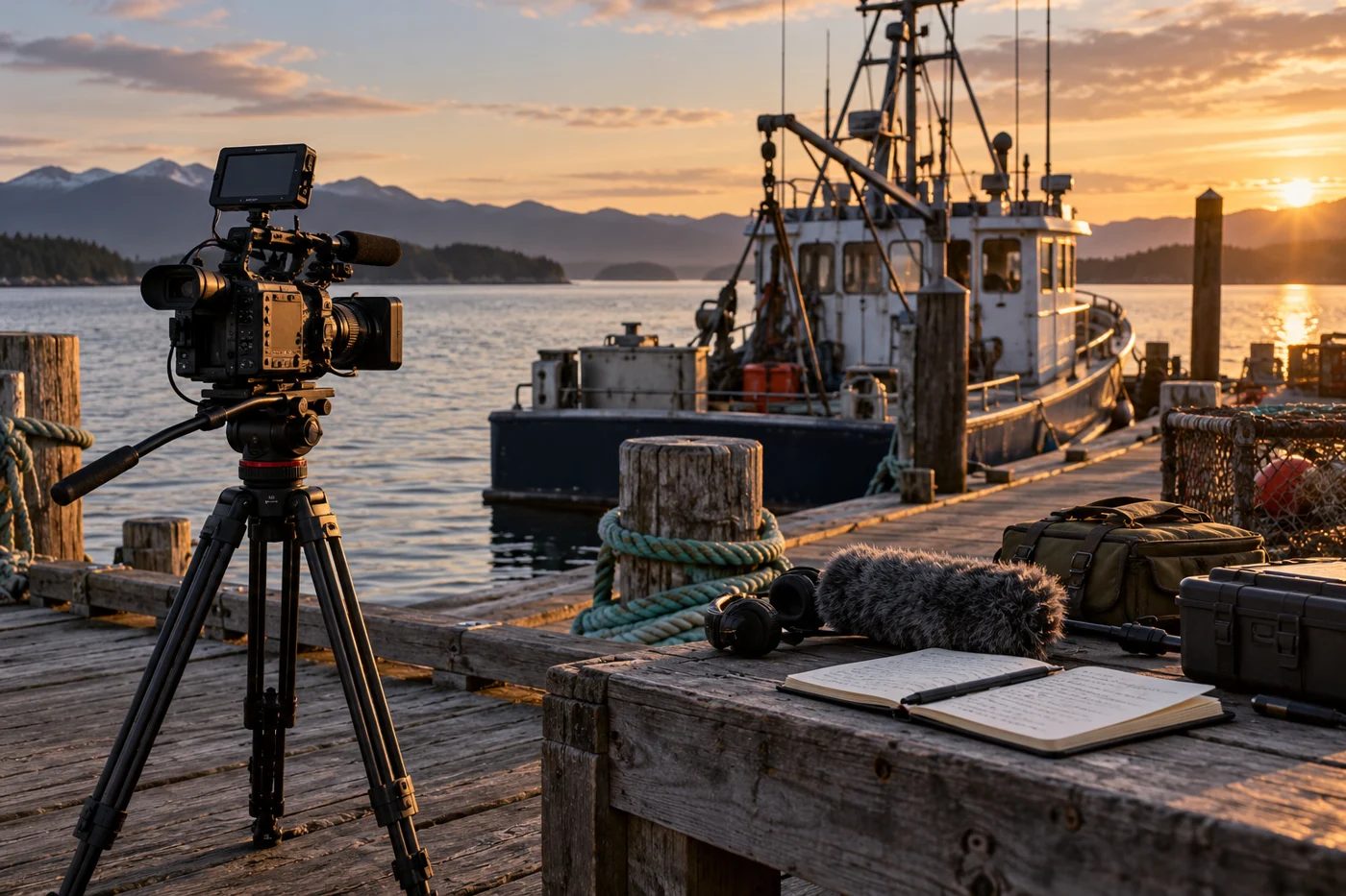 Conceptual documentary camera and field recording setup at a pier