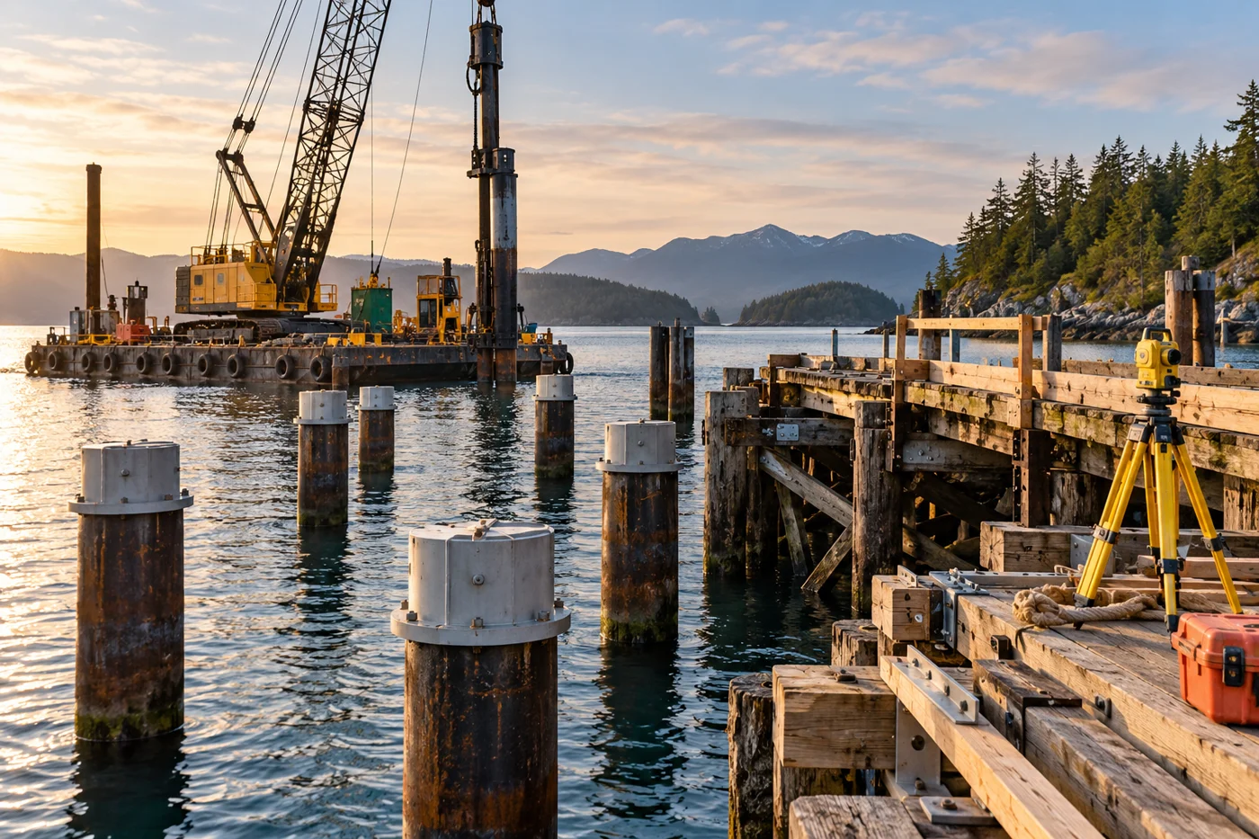 Conceptual pier rehabilitation setting with crane barge and survey equipment
