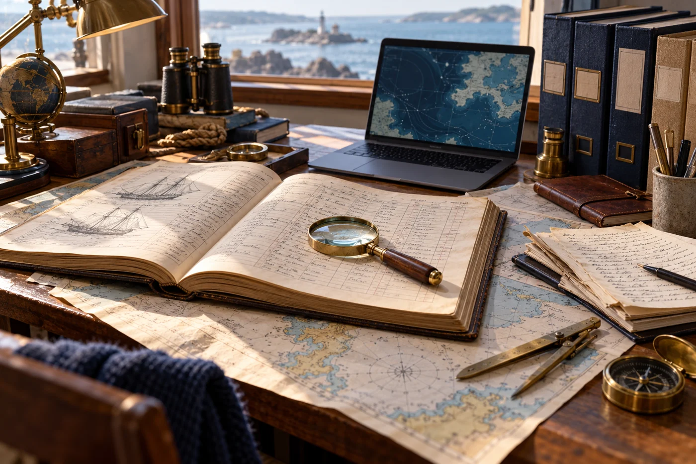 Conceptual maritime research desk with registry, charts and source notes