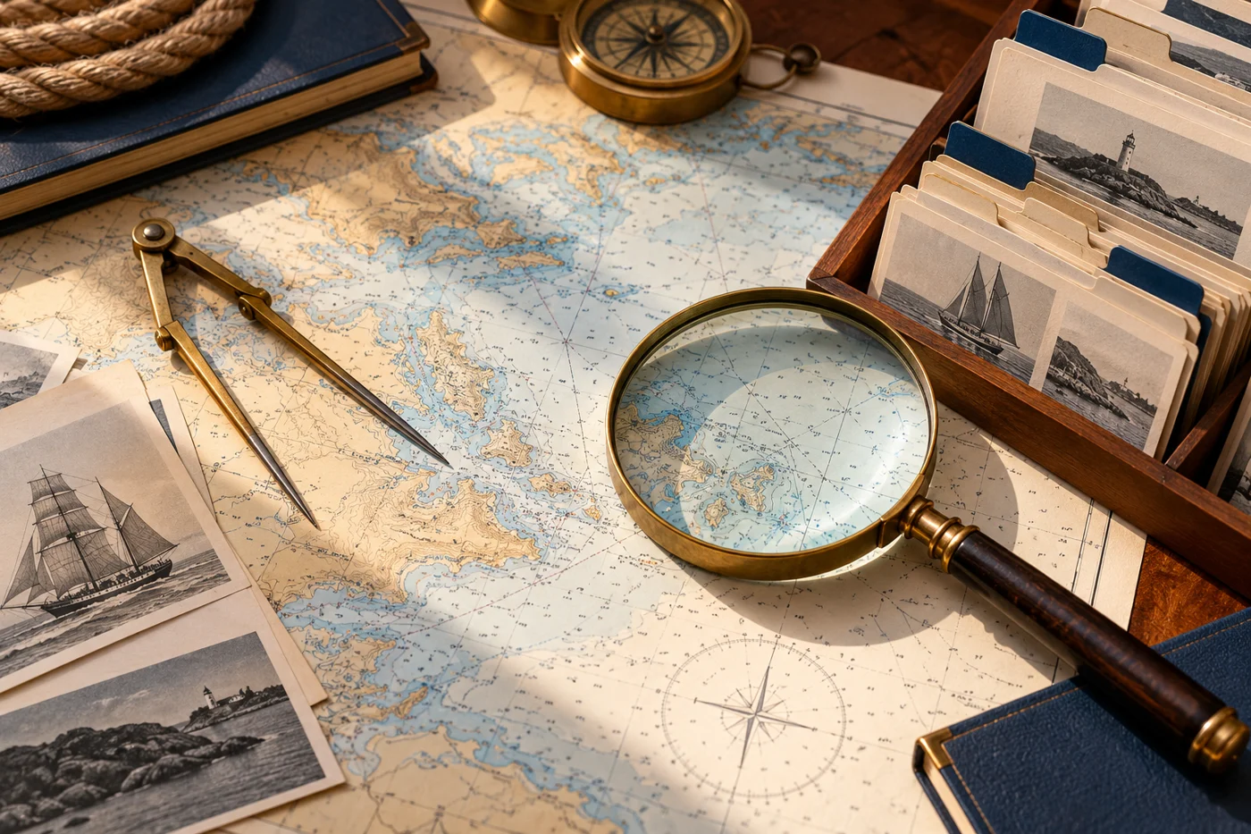 Conceptual nautical chart, magnifier and indexed source cards