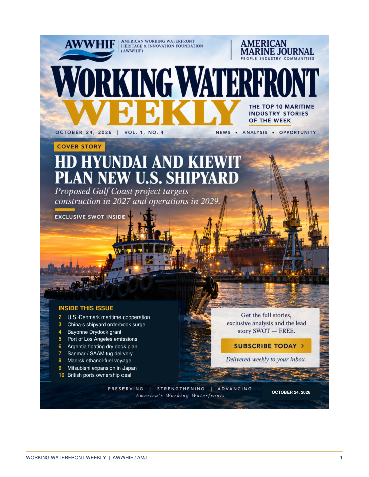 Working Waterfront Weekly October 24 cover: HD Hyundai and Kiewit plan new U.S. shipyard. October 24, 2026 edition.